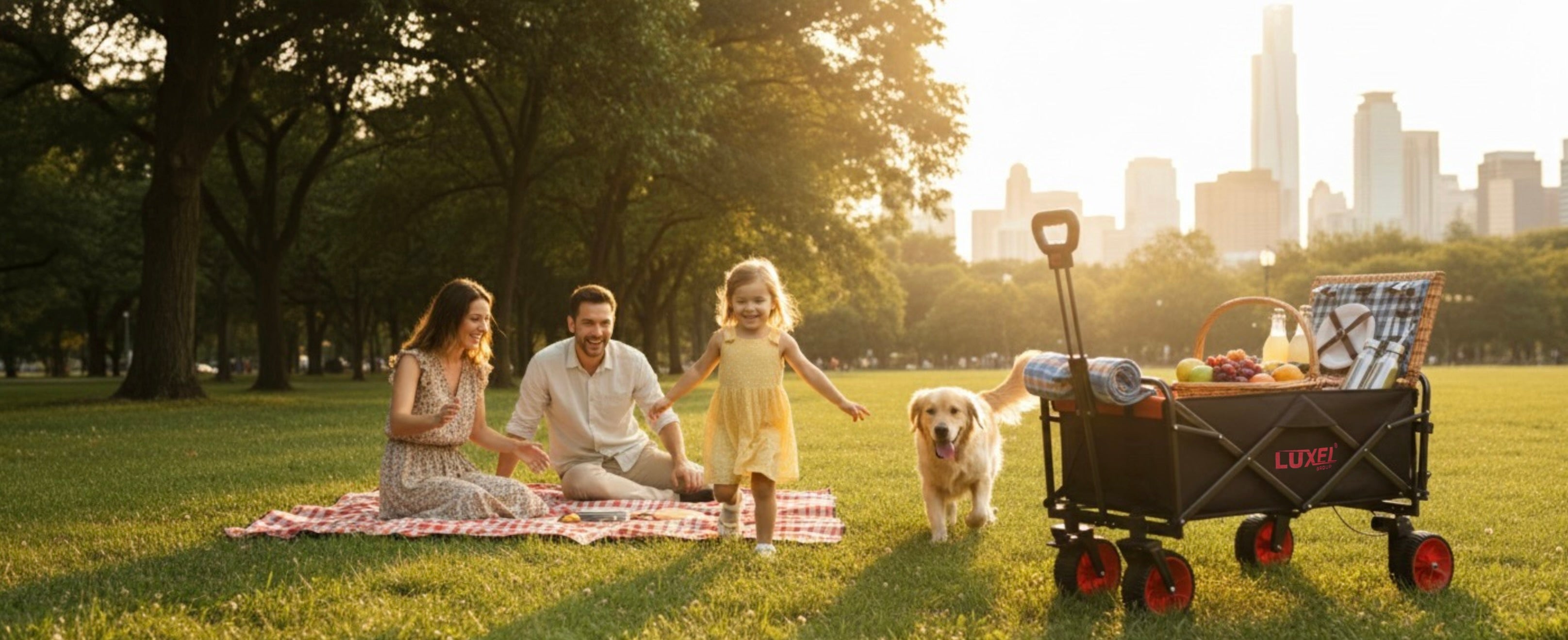 Family with a dog and wagon in a park with city skyline in the background