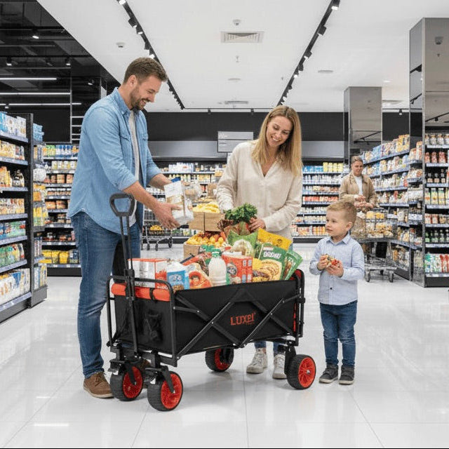 Family shopping together in a modern supermarket with a cart.