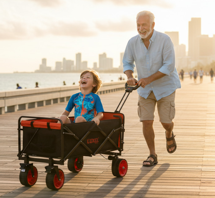 Man and child walking with a wagon on a boardwalk by a body of water with city skyline in the background.