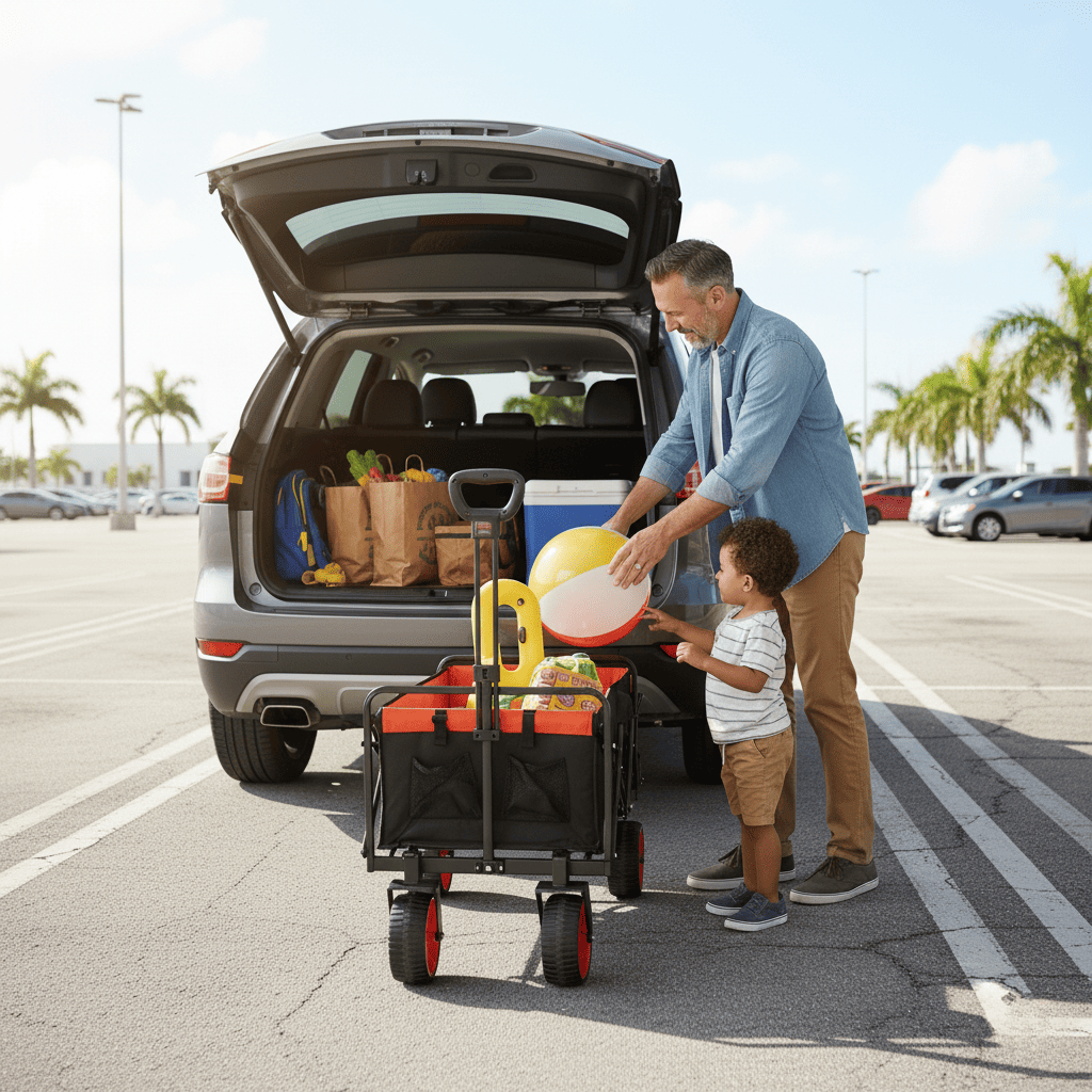 Man and child with a cart full of groceries in a parking lot.