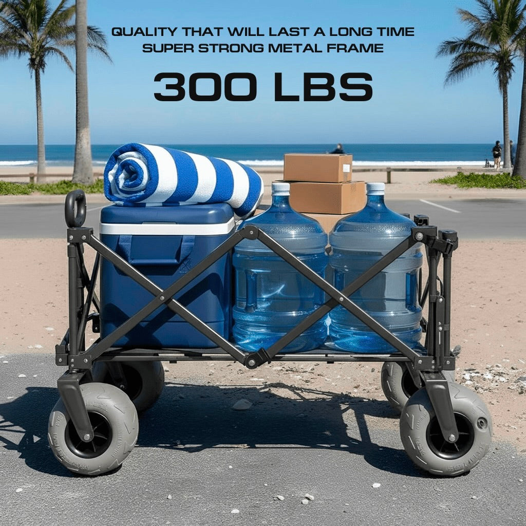 Cart with water jugs and a striped towel on a beach with text about its weight capacity.