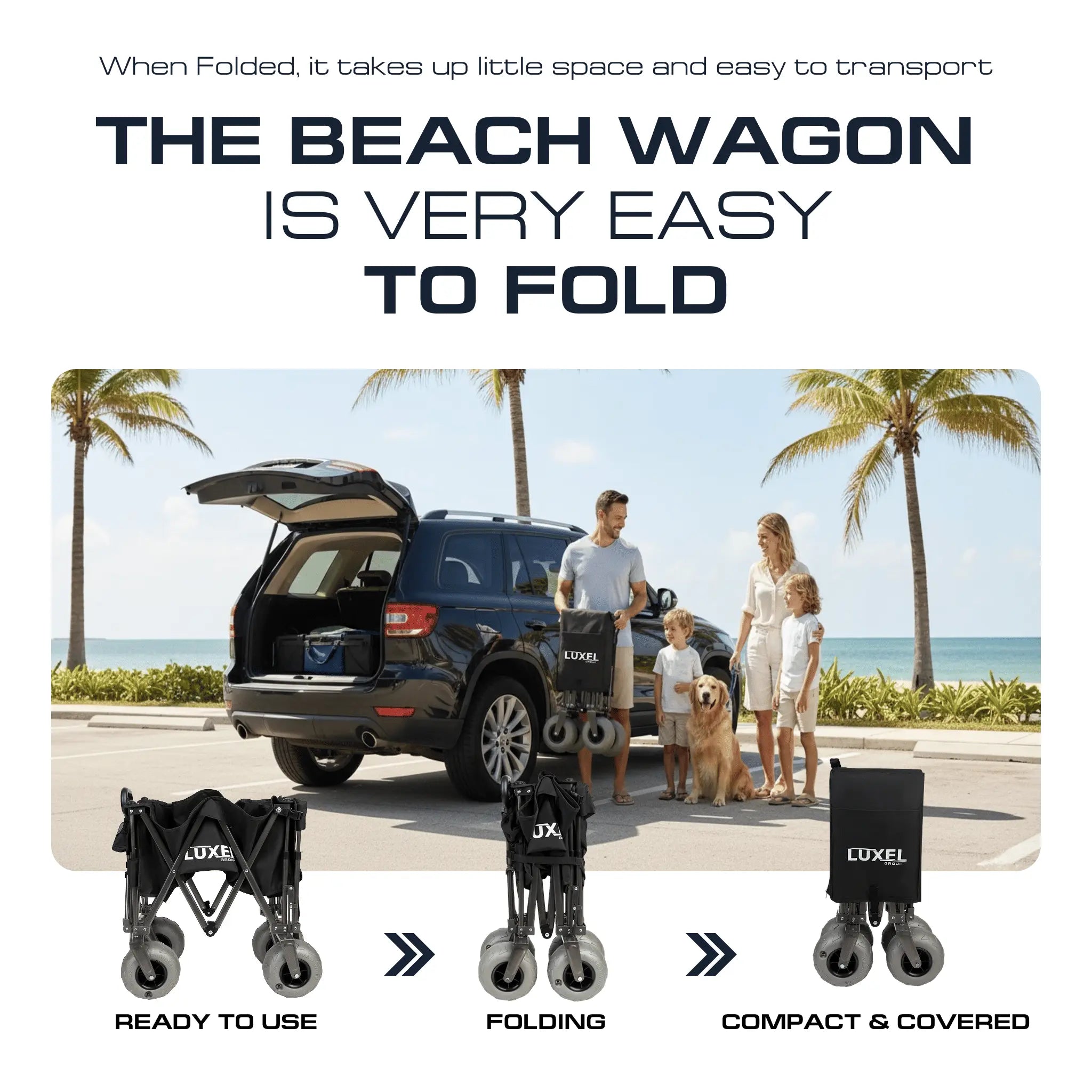 Advertisement for a beach wagon with family at the beach and text about its ease of use.