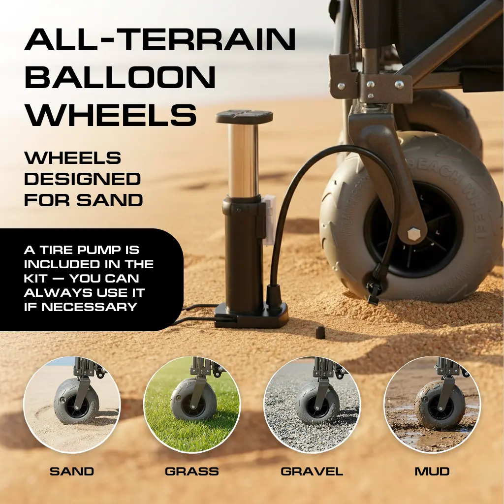 All-terrain balloon wheels with a tire pump on a sandy background, showing suitability for different terrains.