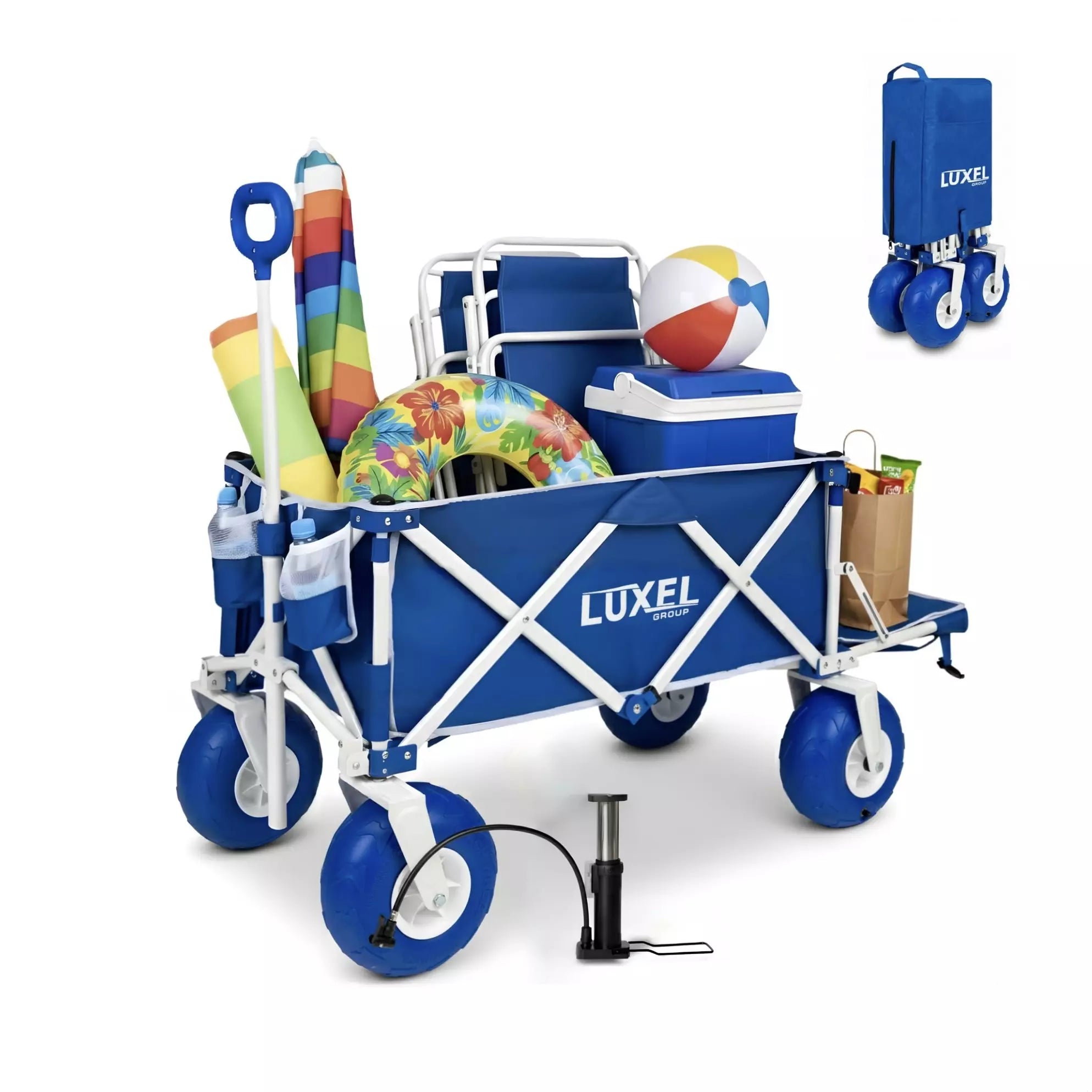 Blue and white Luxel beach cart with accessories on a white background
