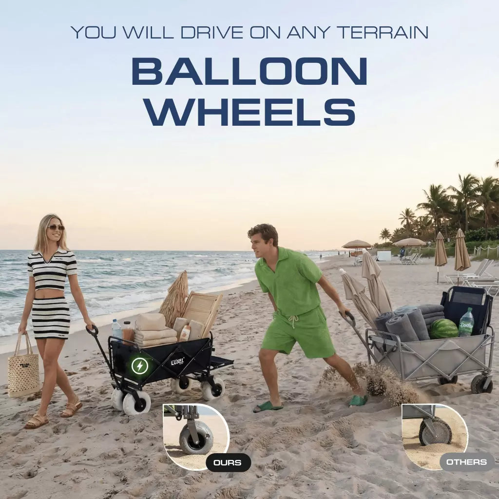 Two people with beach chairs and a cart on sand, promotional text about balloon wheels.