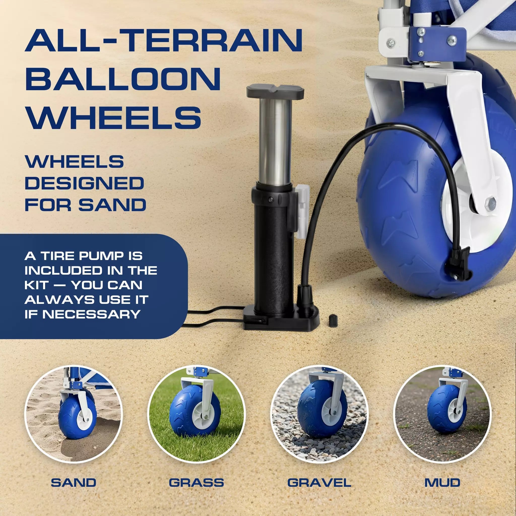 All-terrain balloon wheels with a tire pump on a beige background