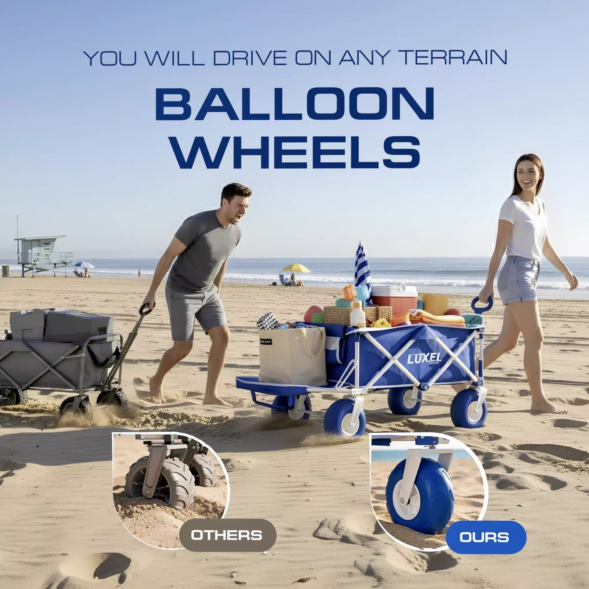 Two people pushing a blue cart with balloon wheels on a beach, with text highlighting the cart's features.
