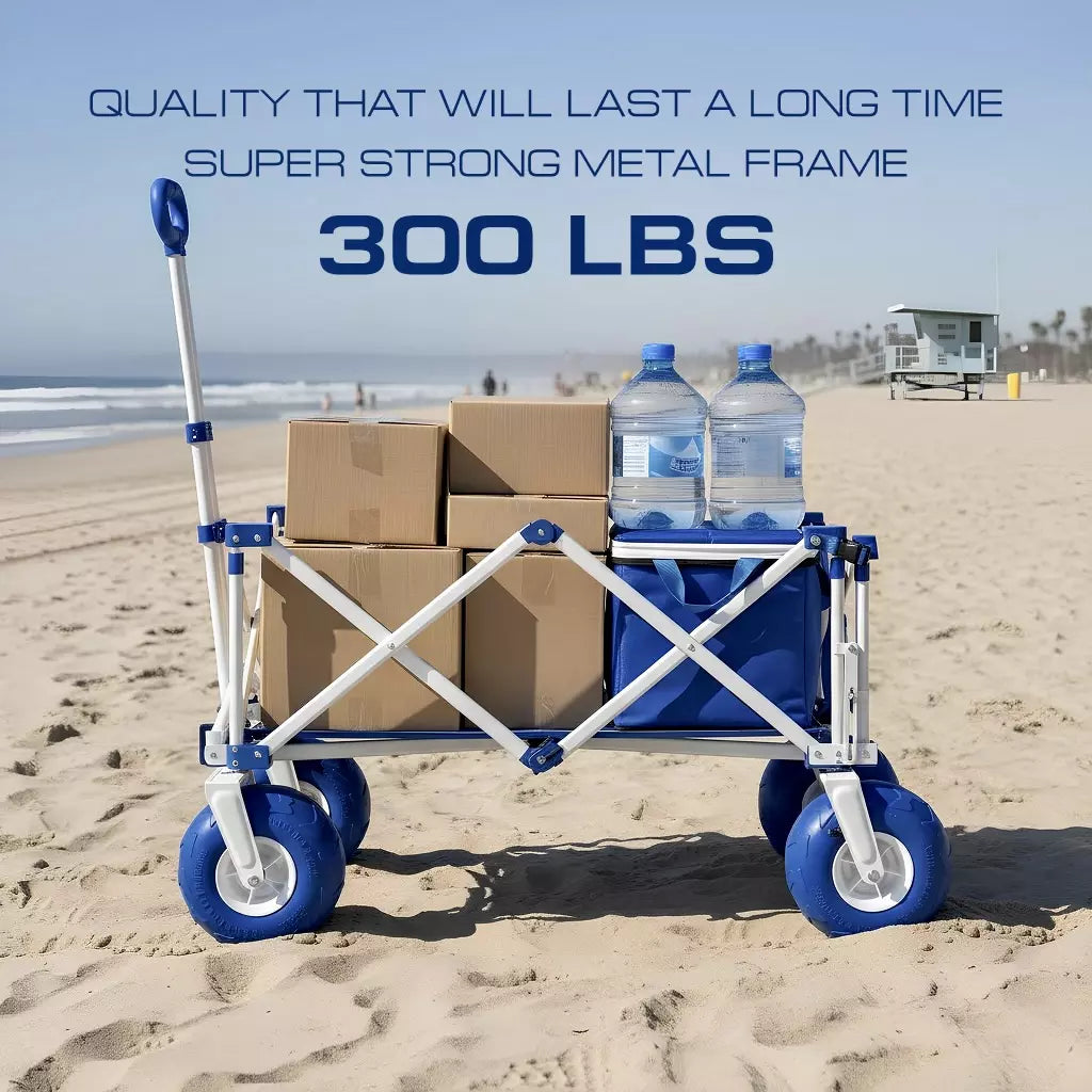 Foldable beach cart with large wheels on a sandy beach, loaded with boxes and water bottles, with text highlighting its strength.