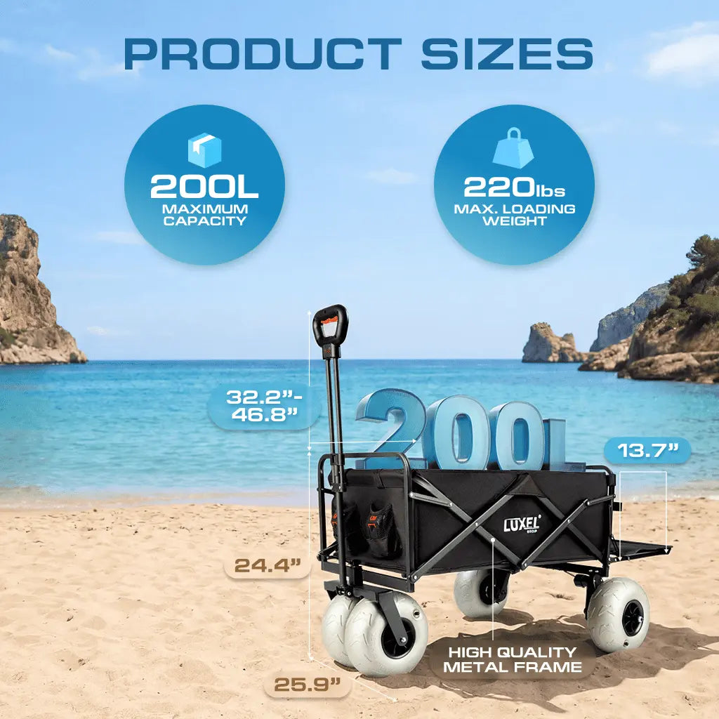 Black utility wagon on a sandy beach with product size and capacity details displayed.