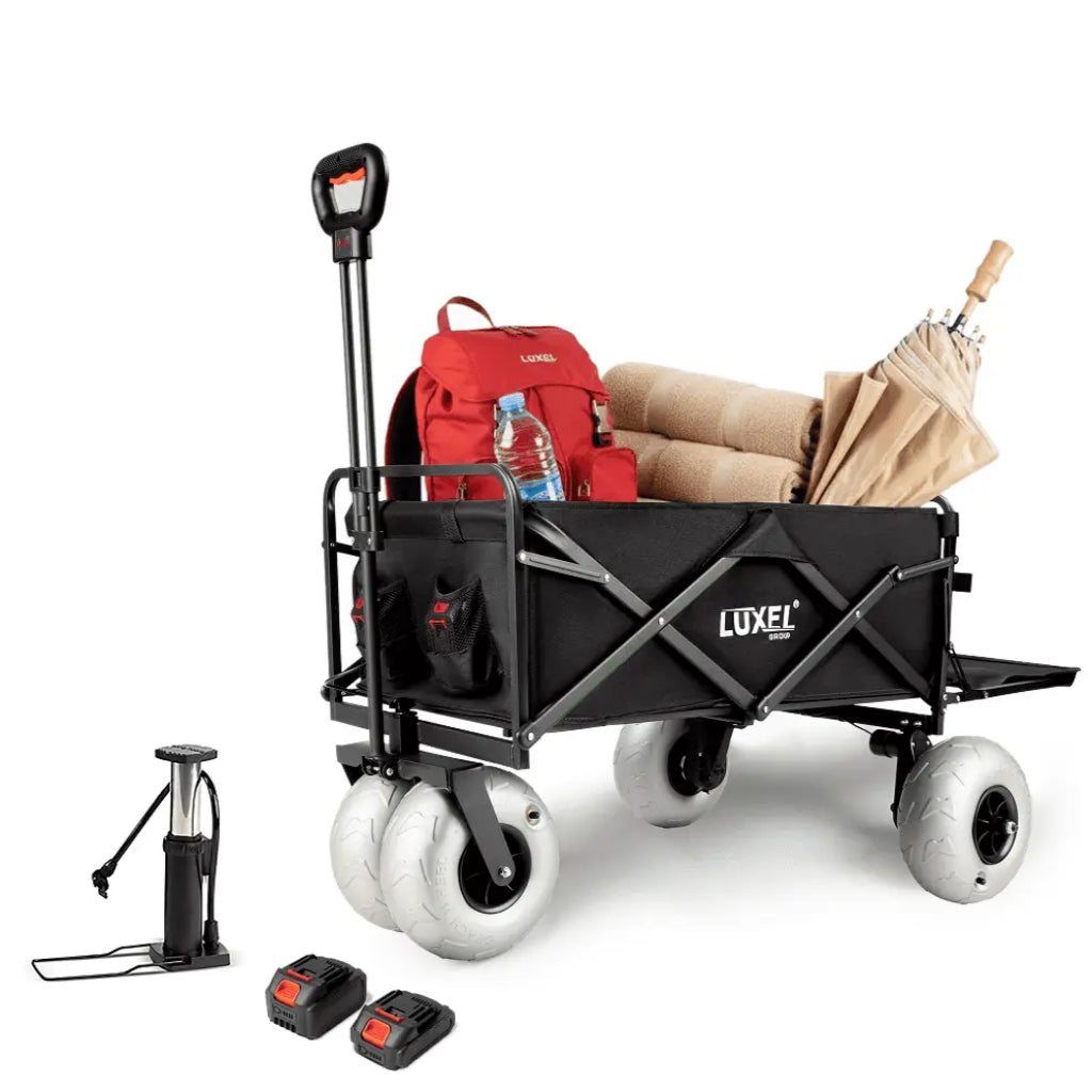 Black folding wagon with red bag, bottles, and umbrella on a white background