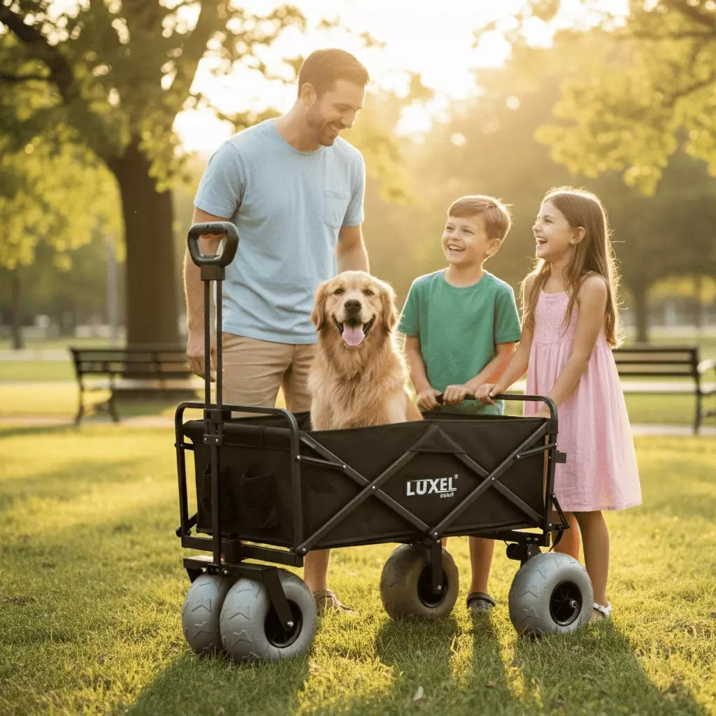 Man, two children, and a dog in a Luxel wagon in a park