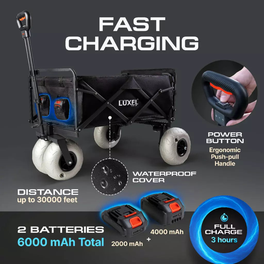 Luxcel electric wagon with charging features on a dark background