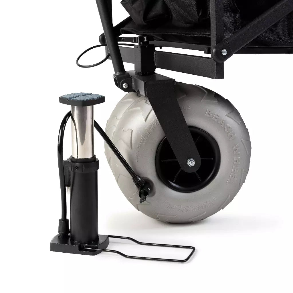 Handheld pump attached to a wheelbarrow wheel on a white background