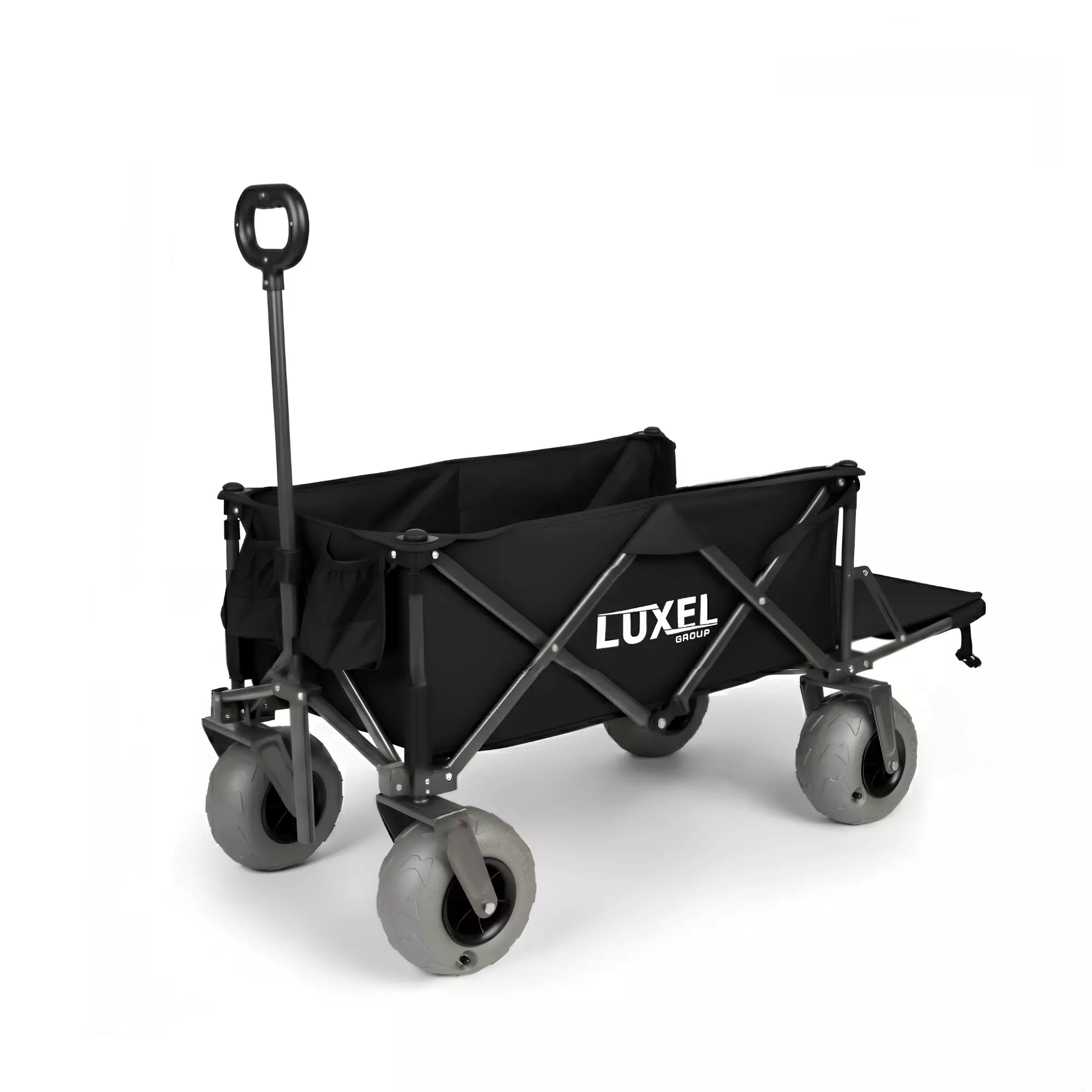 Black folding wagon with wheels on a white background, featuring the Luxel brand.