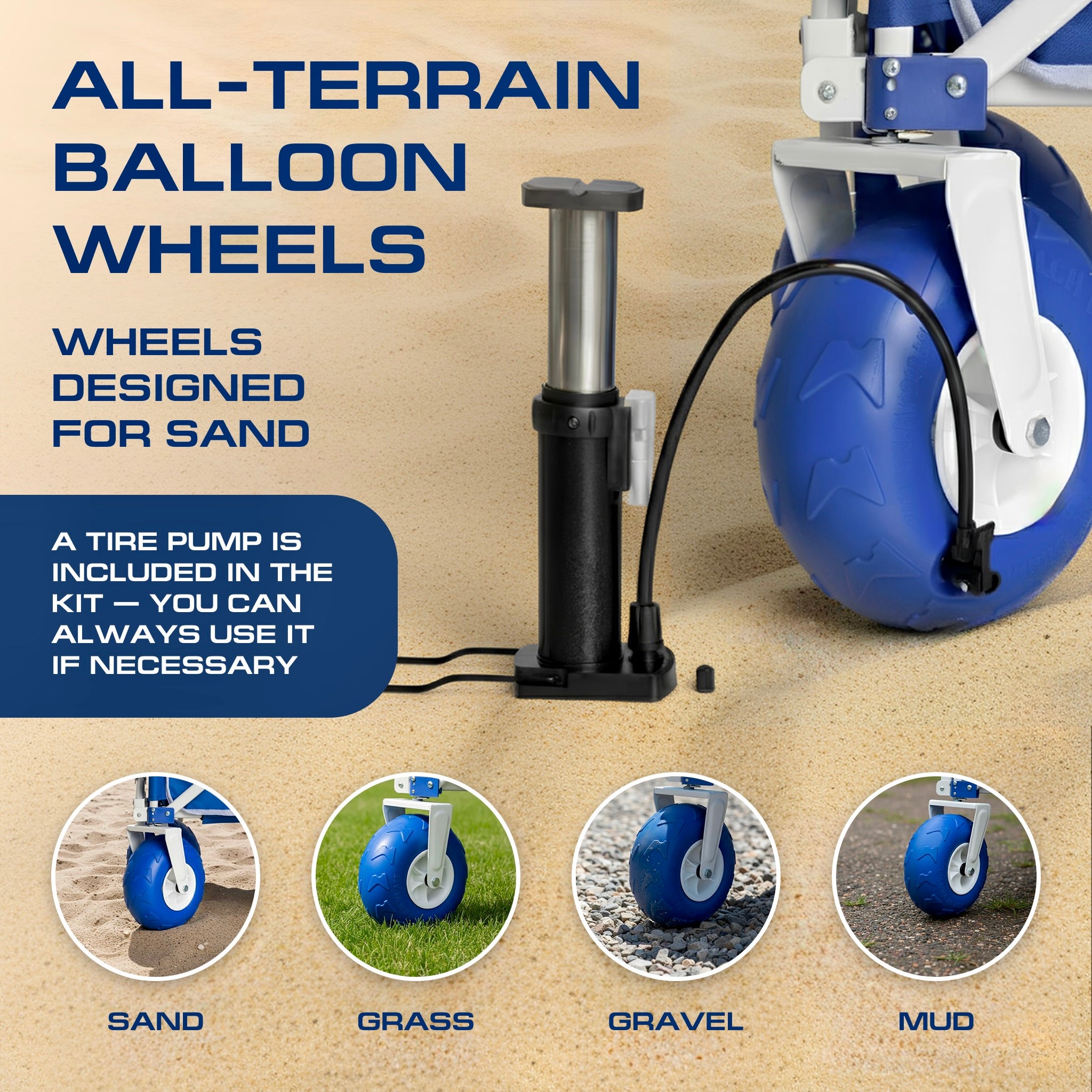 All-terrain balloon wheels with a tire pump on a sandy background