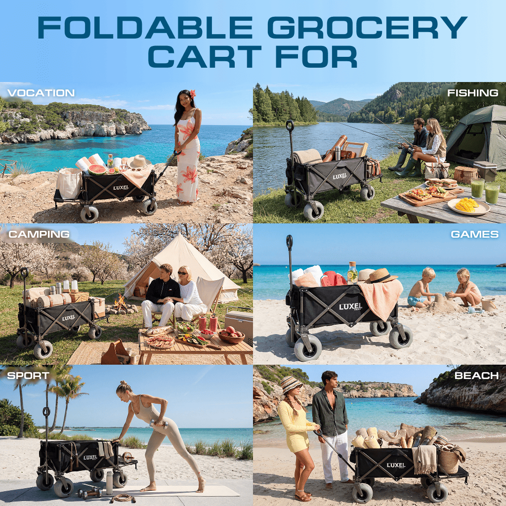Collage of a foldable grocery cart being used in various outdoor settings.