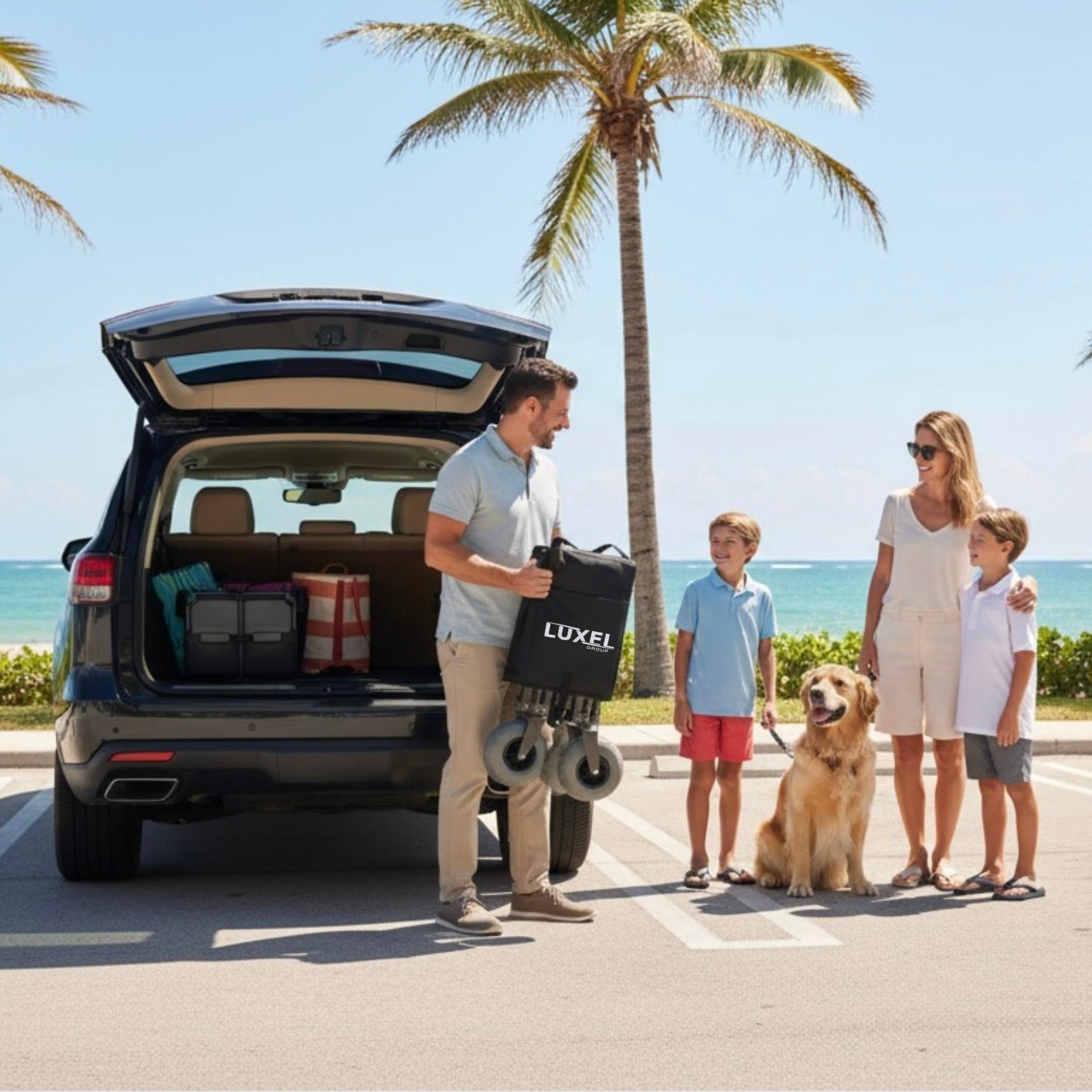 Family with a Luxel wagon in a park