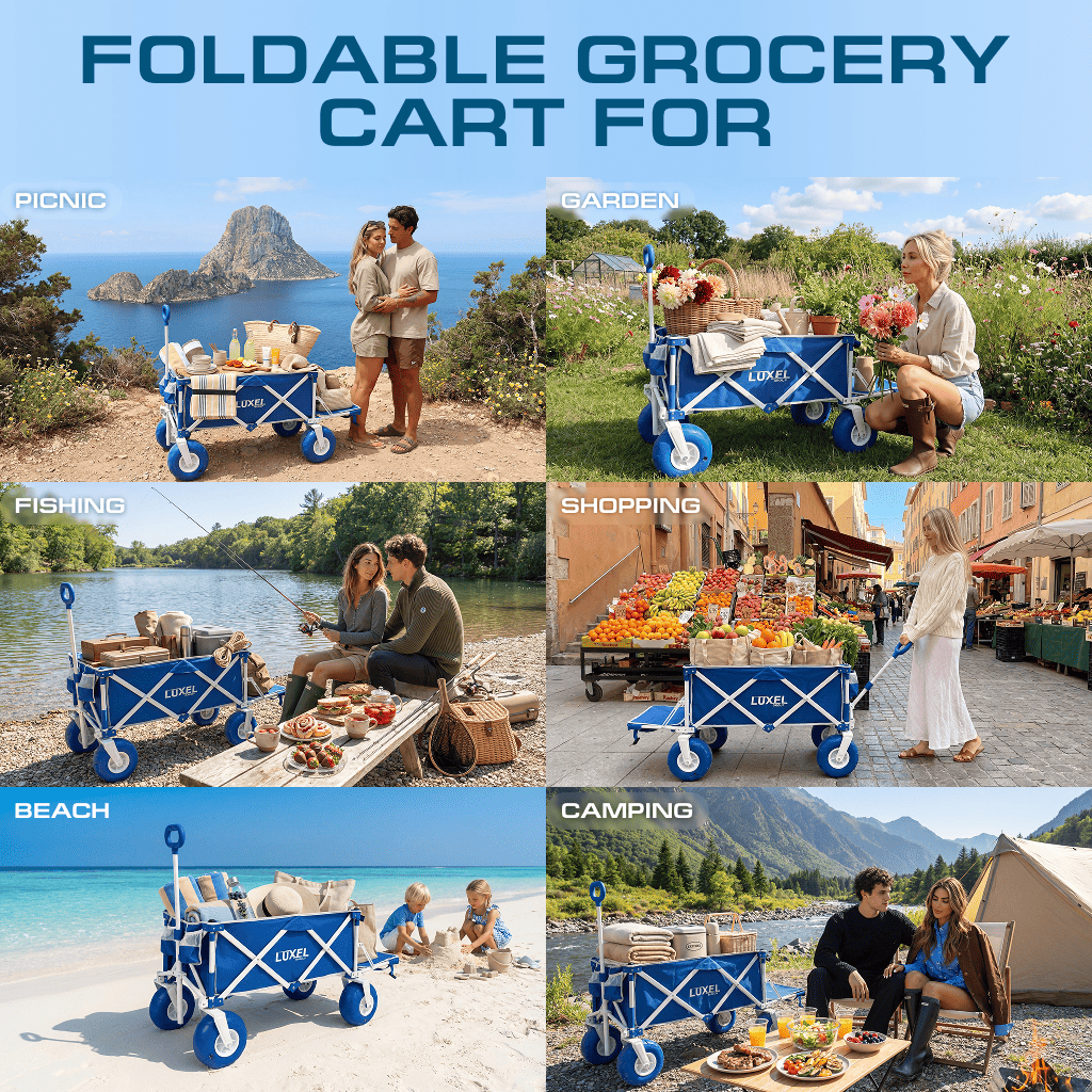 Collage of a foldable grocery cart used in various settings like picnic, garden, fishing, shopping, beach, and camping.