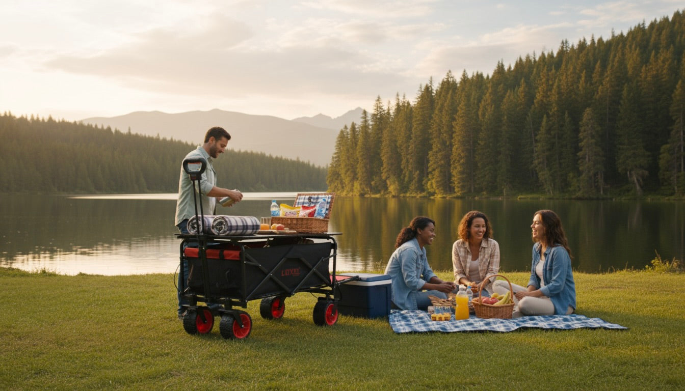 Group of people having a picnic by a lake with a cart and food items.