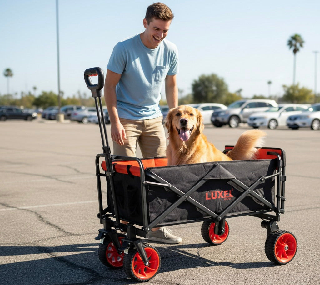 Man pushing a black and red Luxe folding wagon with a golden retriever inside in a parking lot.