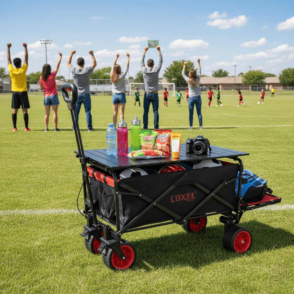 Luxel folding cart on a soccer field with people in the background