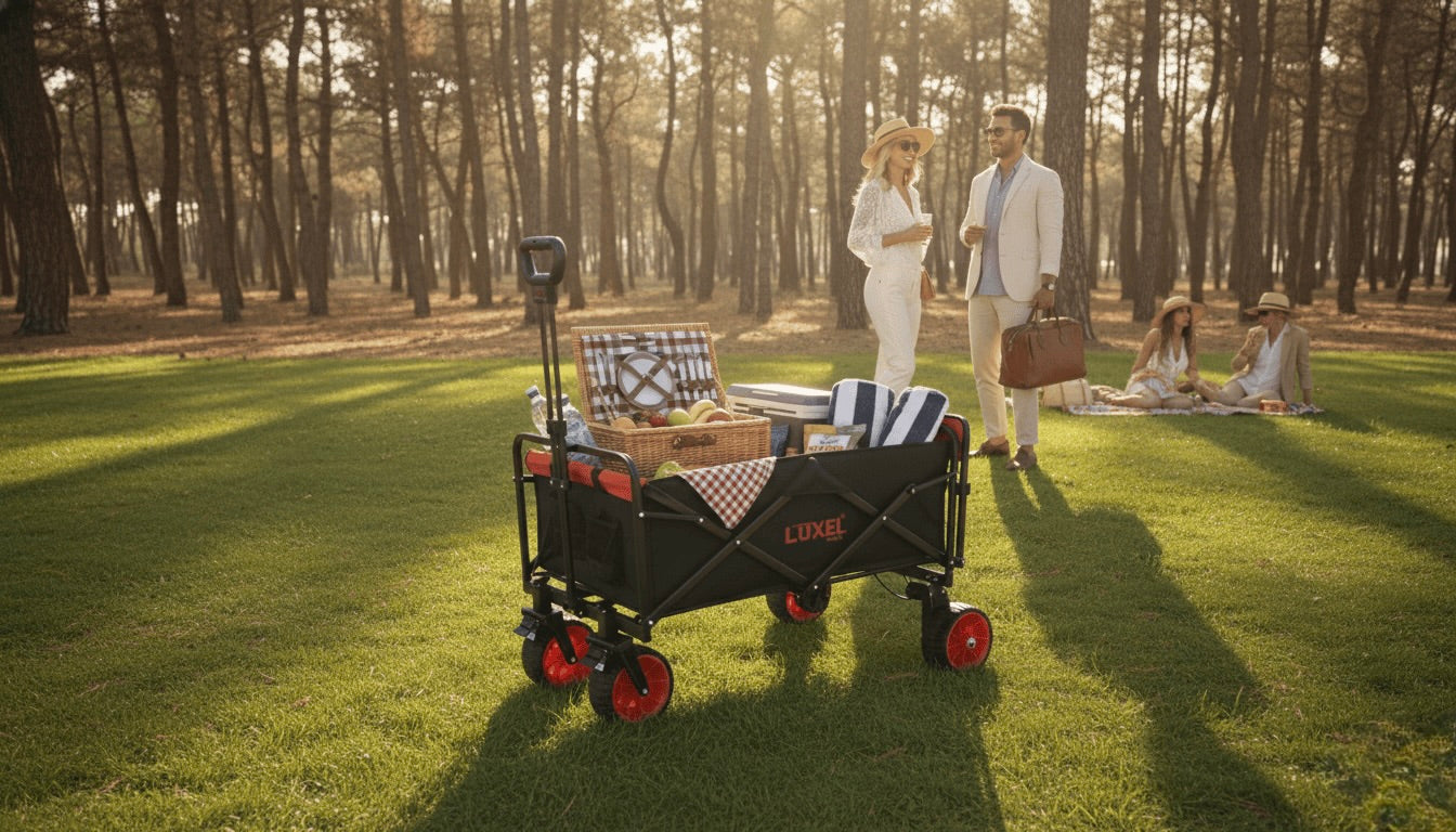 Family with a wagon in a park setting