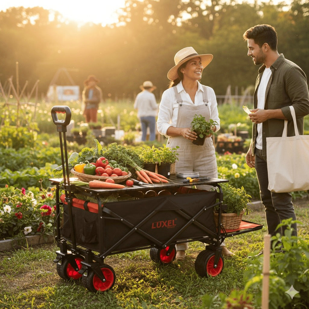Man and woman in a garden with a Luxel wagon full of vegetables