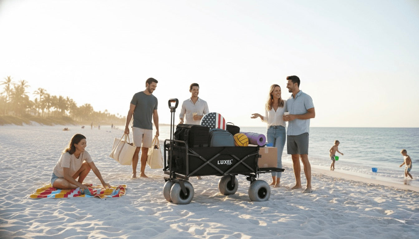 Group of people with a LaCrosse wagon on a beach