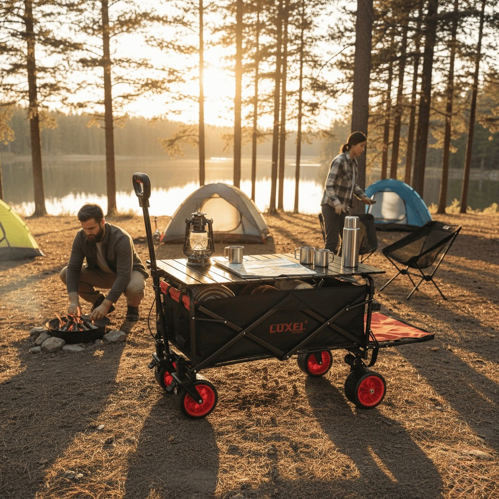 Two people camping in a forest with a LUXEL wagon and outdoor gear.