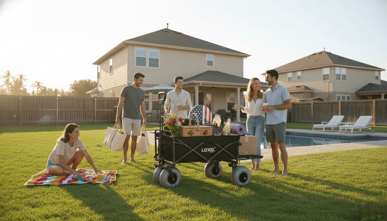 Group of people with a cooler wagon in a backyard setting