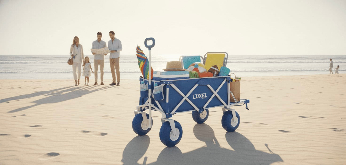 Blue LUXEL beach cart filled with items on a sandy beach with a family in the background.