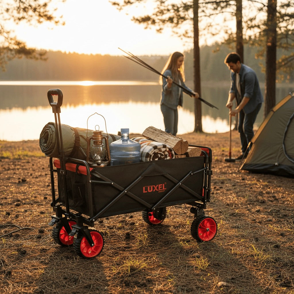 Camping scene with a Luxel wagon, people, and a tent by a lake at sunset.