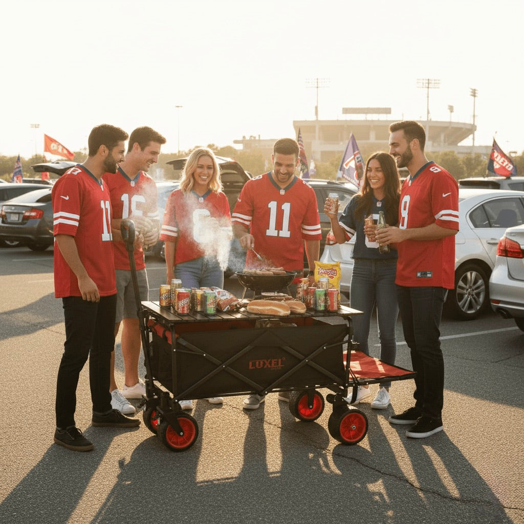 Group of people in sports jerseys standing around a cooler wagon with food and drinks in a parking lot.