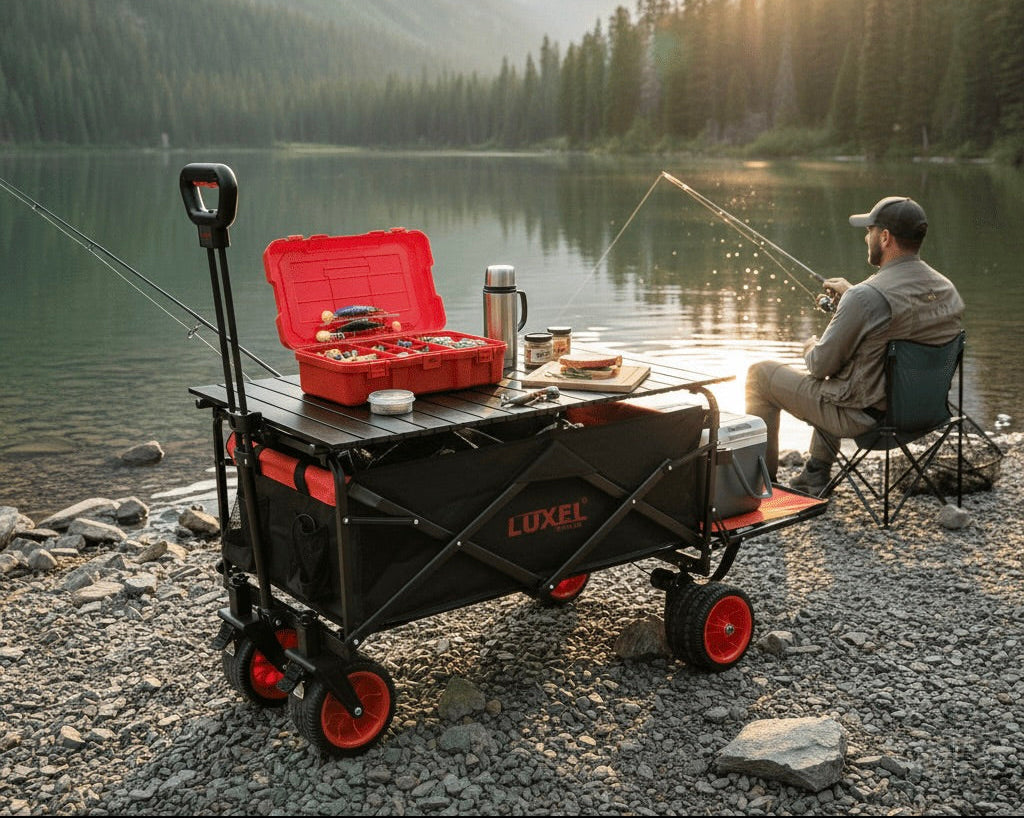 Person fishing by a lake with a Luxel wagon containing camping gear.