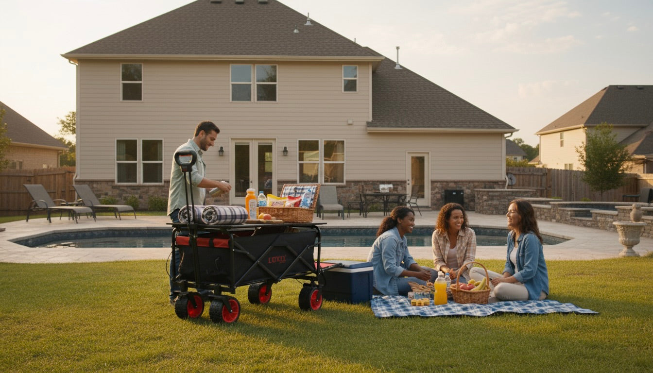 People setting up a picnic in a backyard with a pool and house in the background.