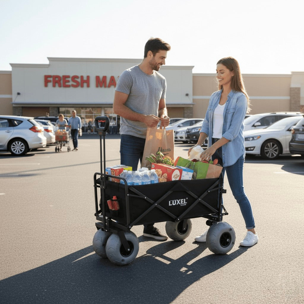 Man and woman with a shopping cart full of groceries in front of a supermarket.