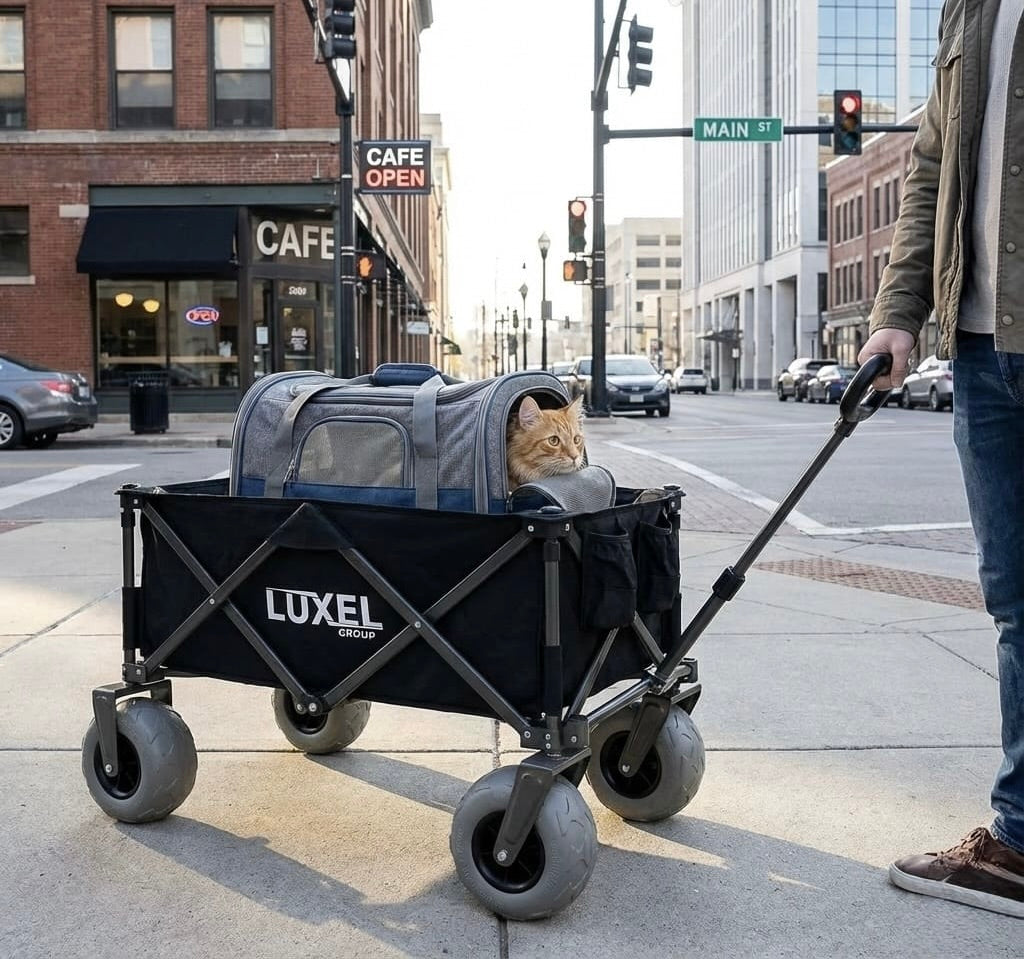 Person pushing a Luxel wagon with a cat on a city street