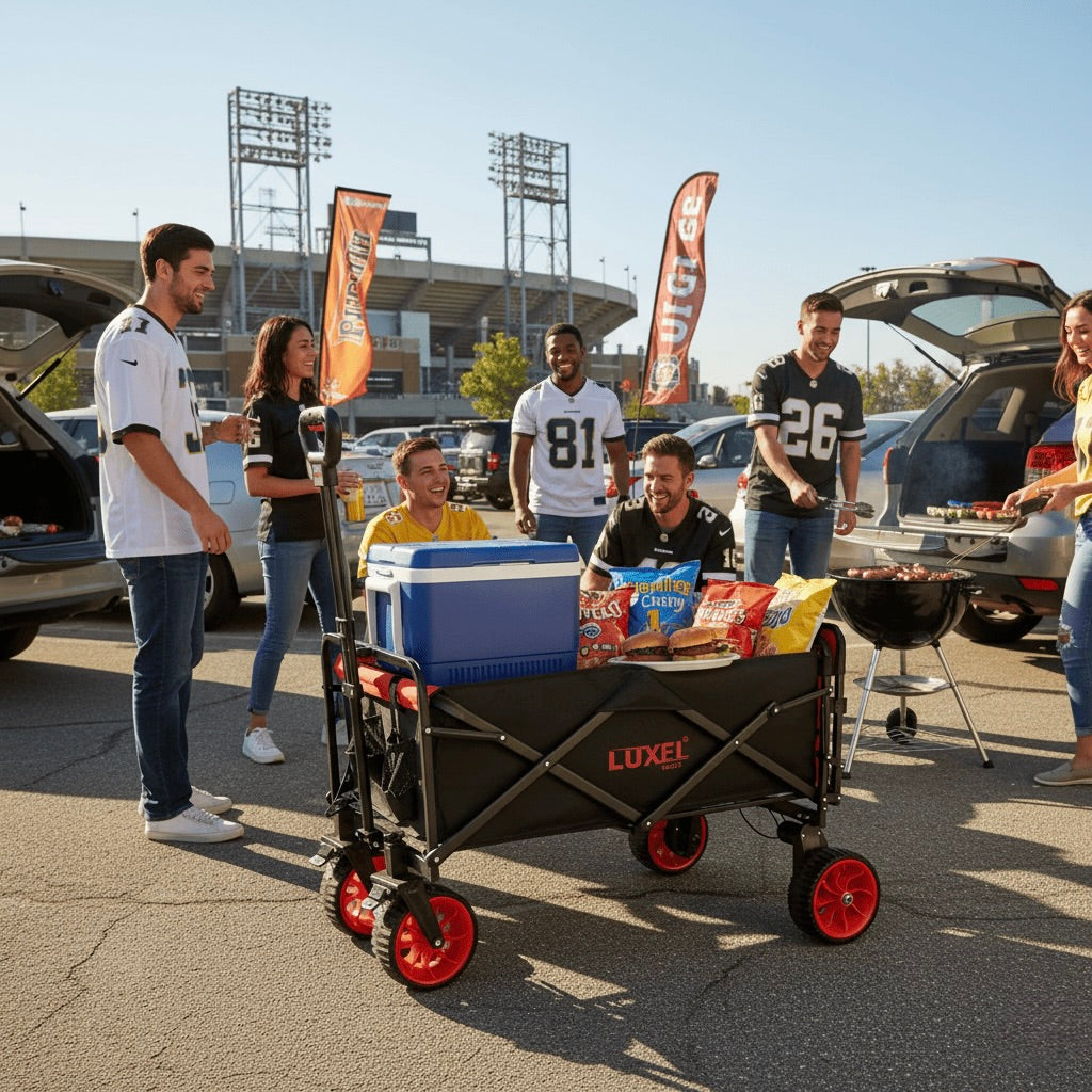 Group of people with a Luxel wagon loaded with snacks and a cooler at a sports event.