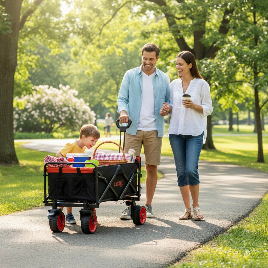 Family walking with a wagon in a park