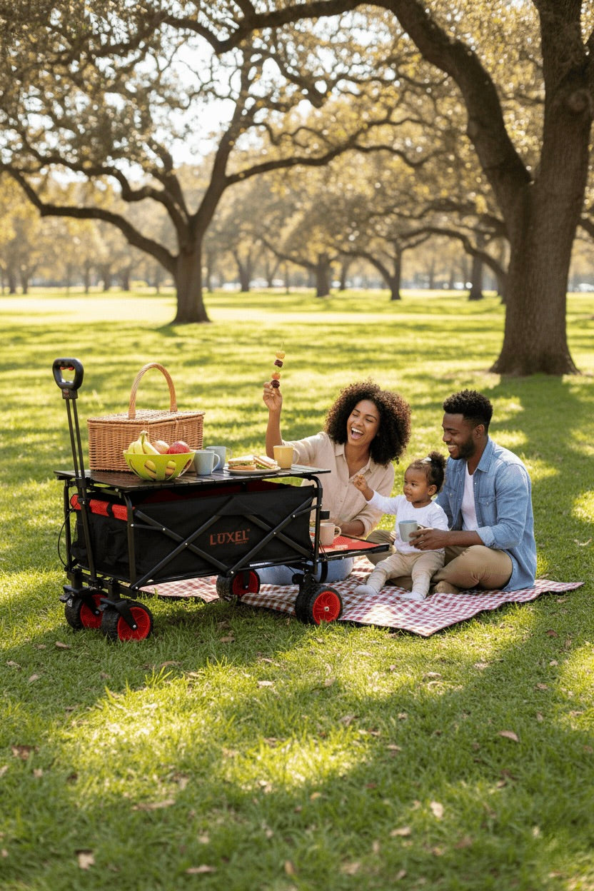 Family enjoying a picnic in a park with a wagon and picnic basket.