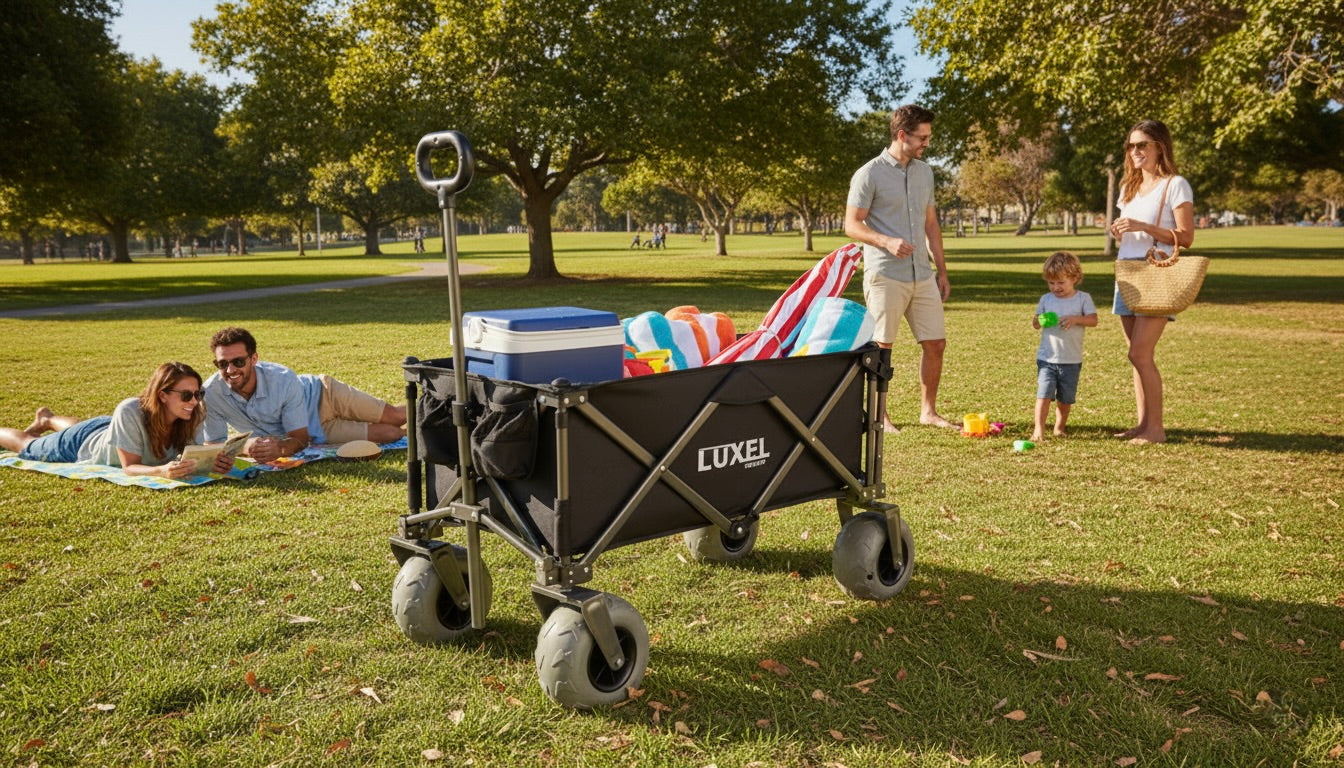 Luxel folding wagon on a grassy park carrying a cooler and colorful towels with a family enjoying a picnic and playing with a child