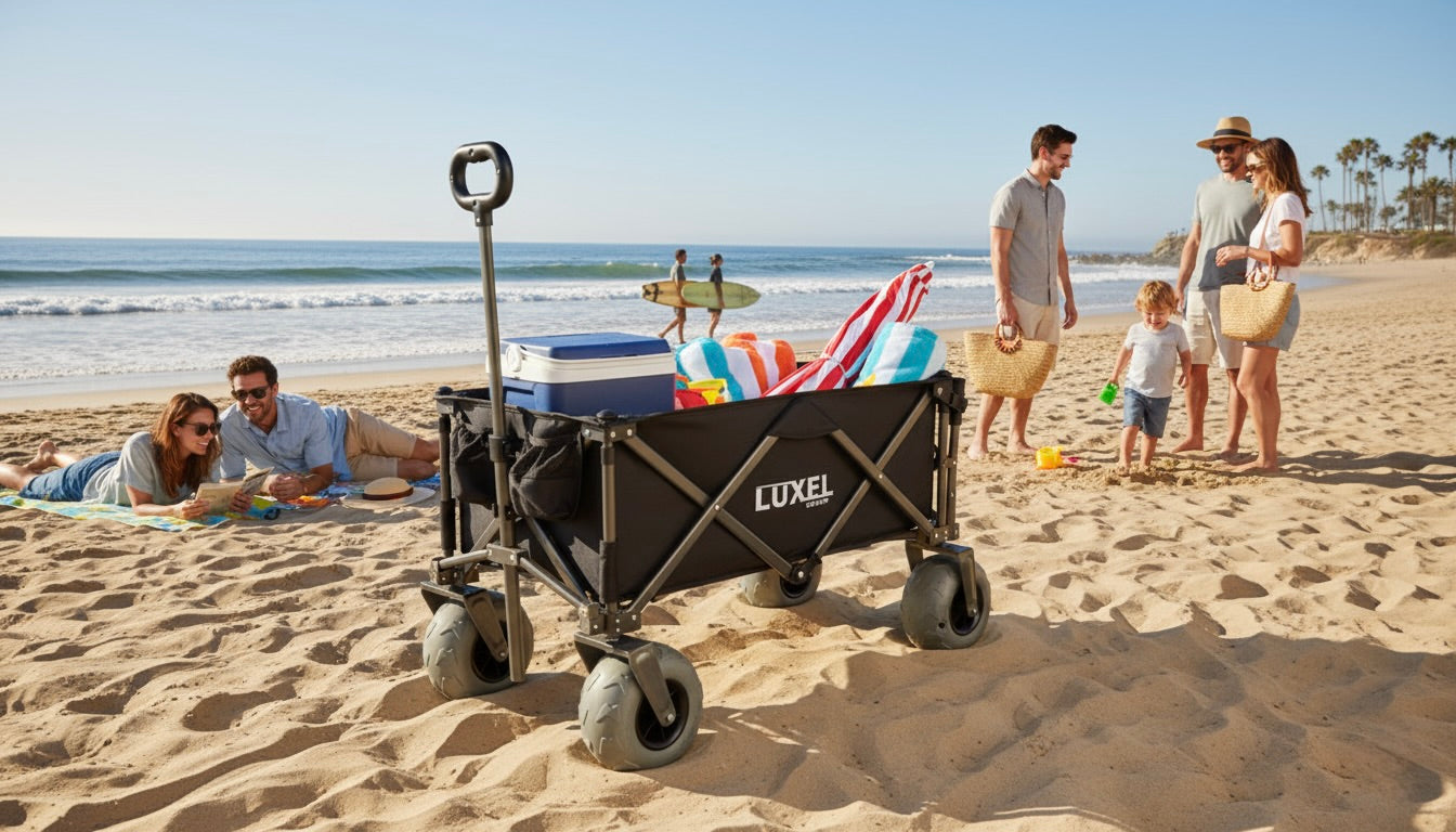Luxel folding wagon on a sandy beach carrying towels, umbrella, and cooler with a family relaxing and playing near the ocean and palm trees