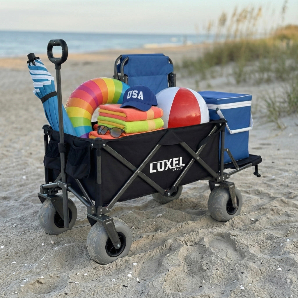 Luxel beach cart with beach gear on a sandy beach