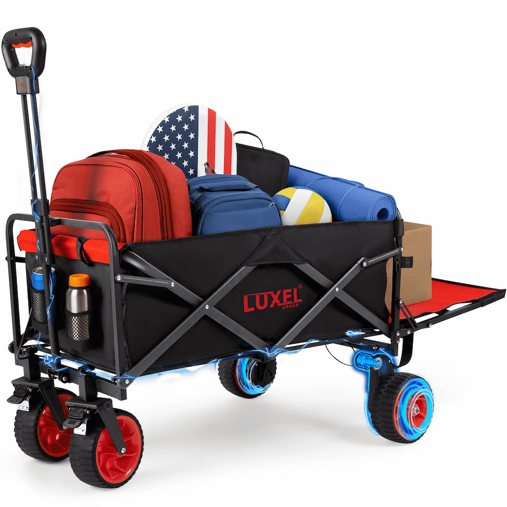 Luxel Group electric folding wagon with red wheels, loaded with backpacks, sports equipment, and boxes, highlighting powered rear wheels.