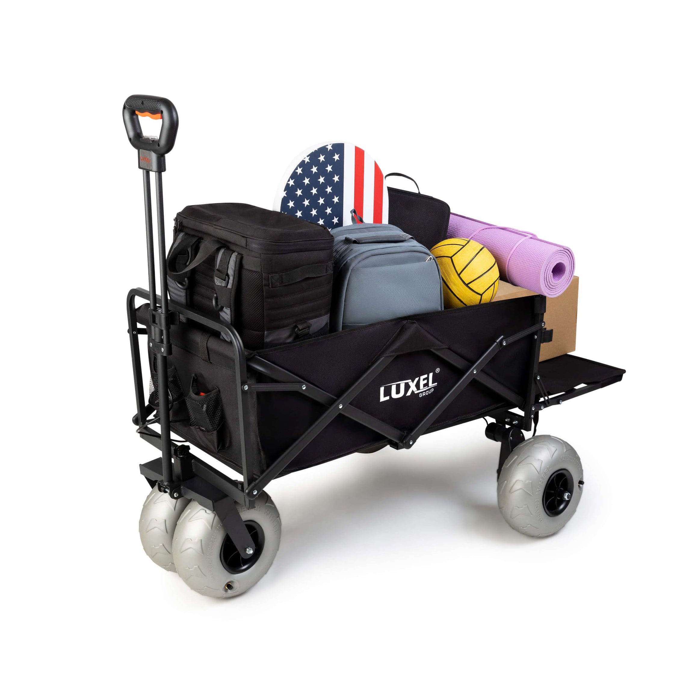 Black folding wagon with various items on a white background, featuring the Luxel brand.