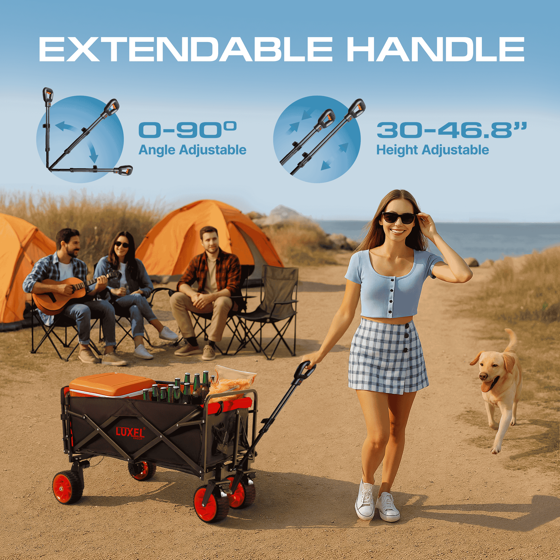 Woman pulling Luxel Group electric wagon with adjustable handle near camping tents, carrying drinks, with people and a dog in the background.