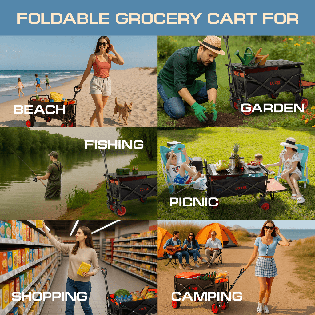 Collage of Luxel Group foldable electric wagon being used for various activities including beach trips, gardening, fishing, picnics, shopping, and camping, showcasing its versatility and large cargo capacity.