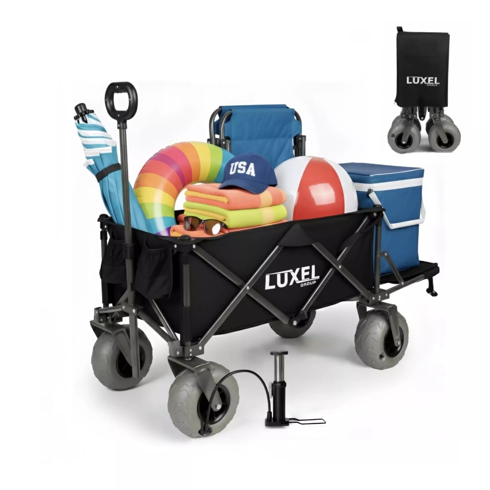 Luxel folding wagon with beach accessories on a white background
