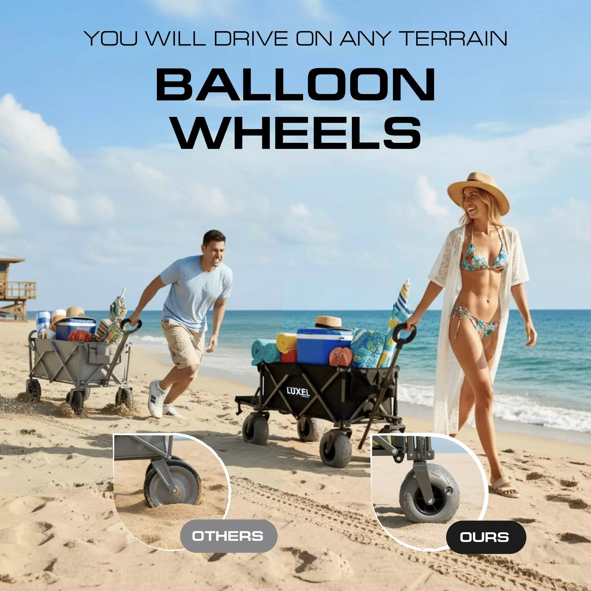 Man and woman with beach carts on a sandy beach, emphasizing balloon wheels.