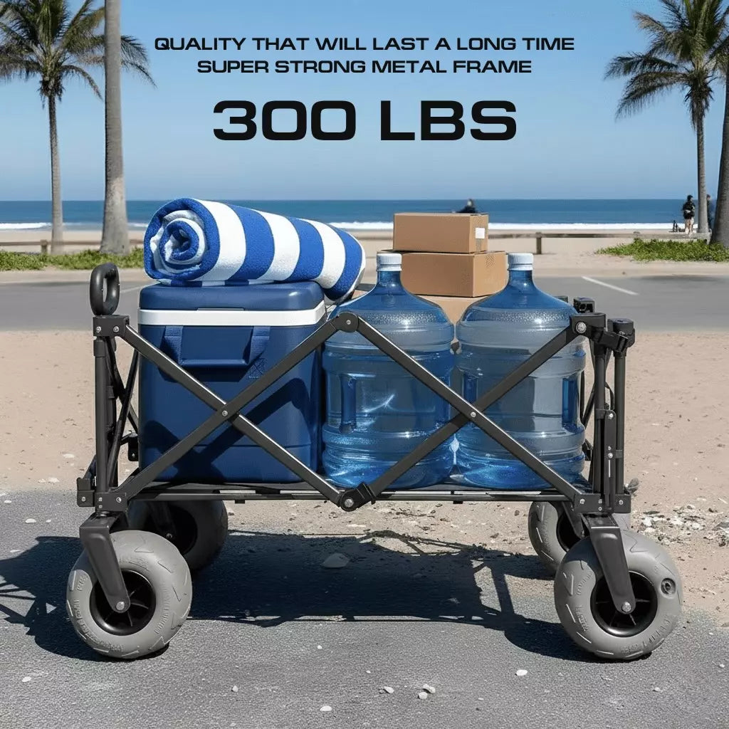 Portable cart with cooler and water jugs on a beach, with text about its strength.